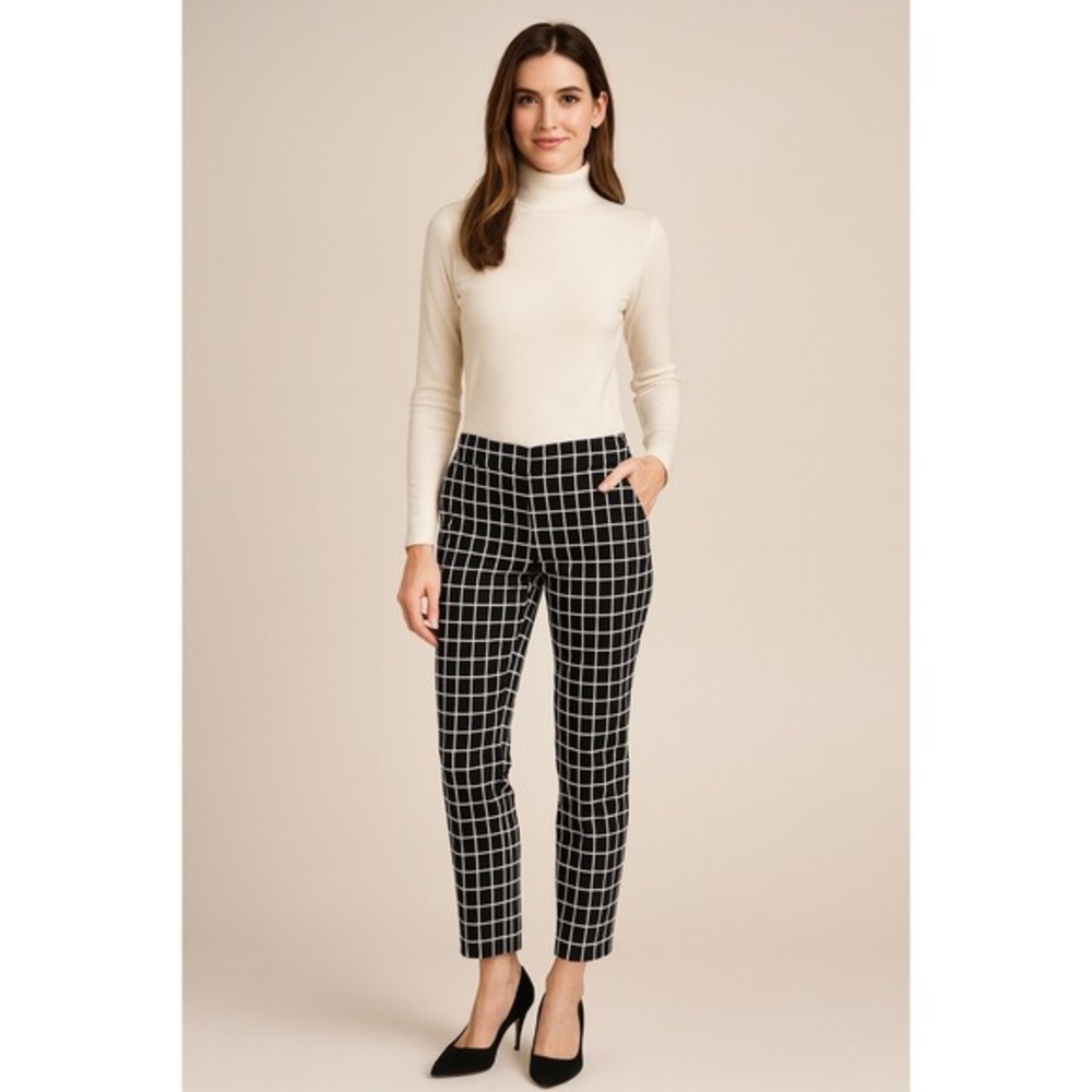 Ann Taylor Black Ivory Grid‎ Print Modern Straight Leg Pants 10 Academia 61-41